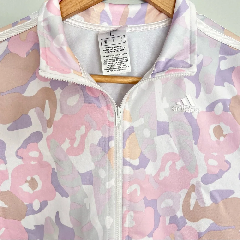 Adidas Kids Pink Camo Track Jacket Girls L Large 14 Full Zip Tri-Stripe Athletic